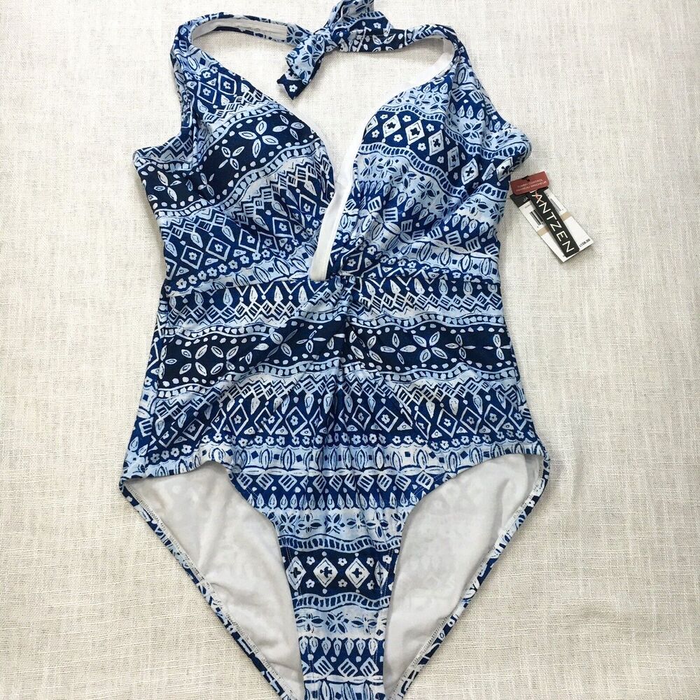 Jantzen One Piece Halter Swimsuit Women's 12 Blue Geo Floral Plunge Neck